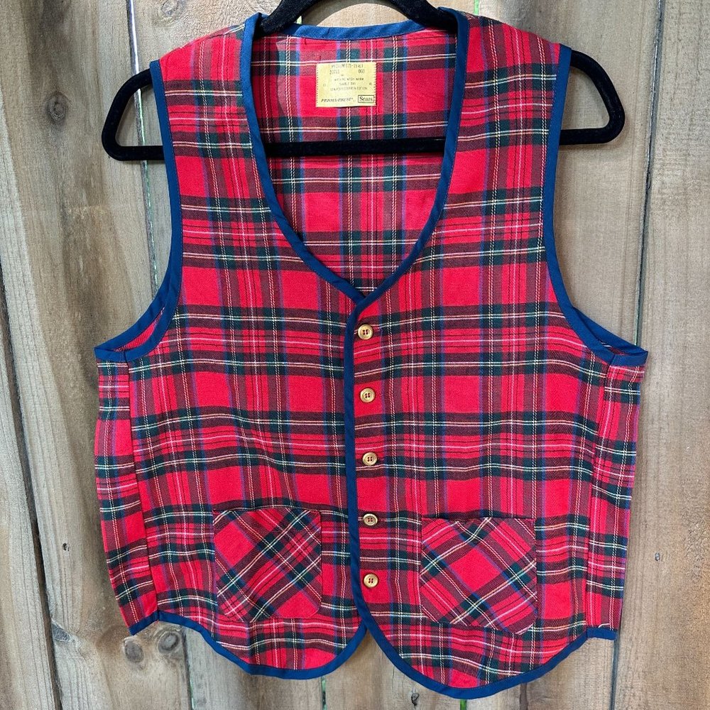 Vintage 70s SEARS PERMA-PREST Red Plaid Vest M 15 -15 1/2